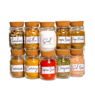 Imagem de Kit 10 Potes de Tempero 200ml + Cartela De Temperos com 42 Adesivos | Porta Tempero de Vidro(Etiq. Branca + 10 Potes)