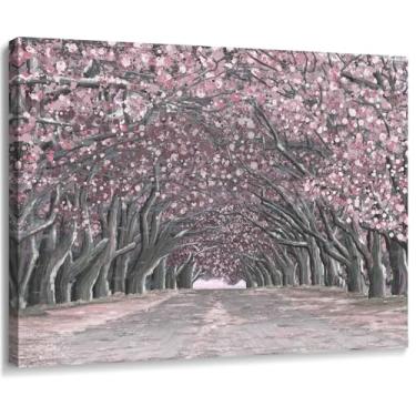 Imagem de Nicetop Arte de parede rosa - arte abstrata floral em tela, impressão em tela, romântica, flor de cerejeira, natureza, caminho, arco, paisagem, decoração para quarto de meninas, banheiro, 40,6 x 30,5