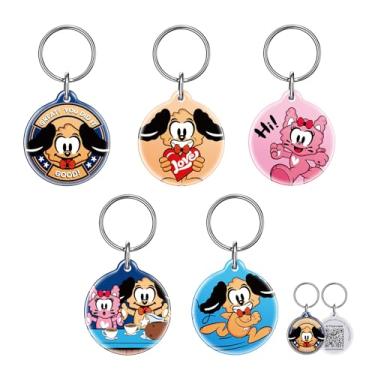 Imagem de 5 etiquetas de identificação de animais de estimação com código QR para cães e gatos – design de personagem PawView à prova d'água, etiquetas inteligentes personalizadas com perfil modificável e