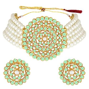 Imagem de Aheli Colar gargantilha Kundan banhado a ouro com brincos redondos, conjunto de joias tradicionais, Banhado a ouro, Kundan