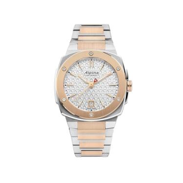 Imagem de Alpina Relógio feminino de quartzo Alpiner, pulseira de aço inoxidável em dois tons, mostrador prateado Estilo: AL-220S2AE2B