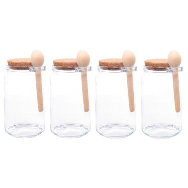 Imagem de Kit 4 Porta Temperos Redondo 650 ml Vidro com Colher de Bambu e Tampa Rolha Lyor