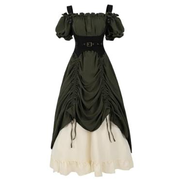 Imagem de LTAKK Vestido Renascentista Feminino Medieval Fantasia de Pirata Steampunk Ren Faire Vestidos com Espartilho 3 peças, Verde musgo, P