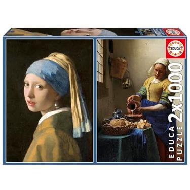 Imagem de Educa - Pacote de 2 quebra-cabeças de 1000 peças para adultos | Menina com brinco de pérola + A leiteira, Johannes Vermeer. Inclui cola Fix Puzzle. Dimensões: 48 x 68 cm. A partir dos 14 anos (20309)