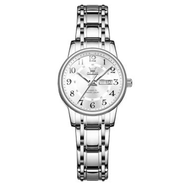 Imagem de OLEVS Relógios femininos, femininos prateados, à prova d'água, dois tons, analógico, aço inoxidável, luxuoso, moderno, algarismos arábicos, relógio delicado, relógios femininos para pulsos pequenos