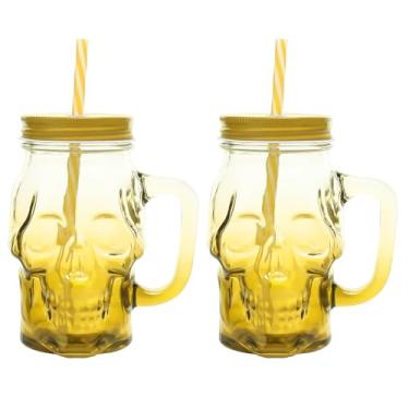 Imagem de Skull Mason Jars com alça, canecas de cerveja de vidro de 473 ml, copo gótico de boca larga com canudos e tampas, caneca de bar de pub novidade copos de Halloween para bebidas, licores, coquetéis