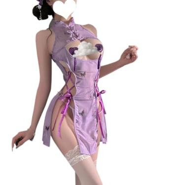 Imagem de SENJIY sexy cheongsam dress lingerie for women outfit Chinese Style Qipao cosplay Costume underwear Cutout high slit anime Roleplay Nightgown Chemise Bodycon Thong purple