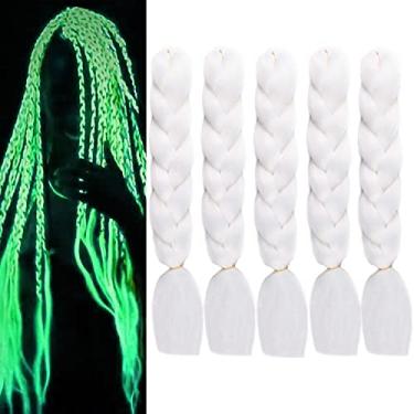 Imagem de 5 peças de cabelo trançado branco que brilha no escuro 61 cm extensões de cabelo colorido pré-esticado para trançar tranças jumbo luminosas para crianças, meninas, mulheres para o Dia das Bruxas