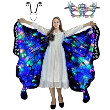 Imagem de WhiteUniQoon Asas de borboleta de LED com estampa dupla face, para adultos, com 3 efeitos de iluminação diferentes para festa de Halloween com máscara de renda e faixa de cabeça de antena - 010