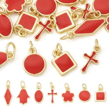 Imagem de FASHEWELRY 21 berloques variados de latão esmaltado, cruz, flor mista, losango, oval, liso, redondo, Miriam, pingentes dourados banhados a ouro de longa duração para pulseira faça você mesmo joias