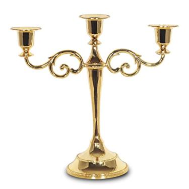 Imagem de SUJUN Castiçal de metal com 3 candelabros de 27 cm de altura Suporte de vela para castiçal para eventos de casamento (candelabro de bronze) (dourado)