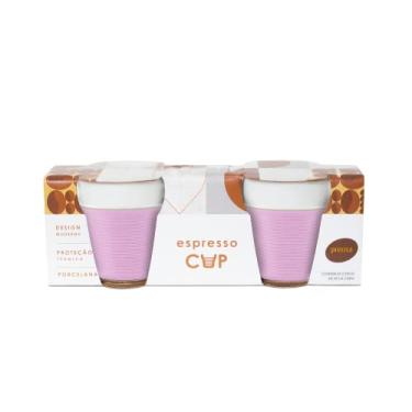 Imagem de Espresso Cup - Kit com 2 Copos de Porcelana com luva de silicone Rosa para proteção térmica, capacidade para 50 ml, 6,5 cm de altura