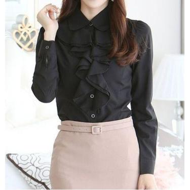 Imagem de F0101-Blusa Camisa Feminina Branca Preto Social Babado Elegante Evangé