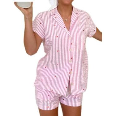 Imagem de Conjunto de pijamas femininos fofos com estampa de coração de cetim Yi