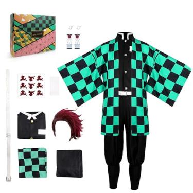 Imagem de Kahopy Anime Cosplay Costume Tanjiro Zenitsu Shinobu Giyu Mitsuri Outfit Set with Wig Earrings Uniform for Halloween Party (Tan, M)