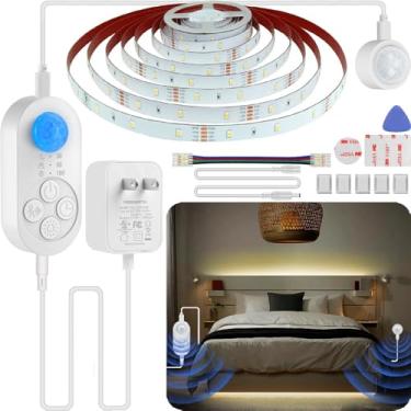 Imagem de NIVOTA Faixa de luz de escada com sensor duplo, sensor ativado por movimento duplo, tira de iluminação LED para escadas (branco quente 3000 K (faixa de luz de 16,4 pés), adaptador de energia (cabo de