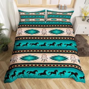 Imagem de Jogo de cama com estampa de cavalo caçador de sonhos para meninos, crianças, adolescentes e homens, capa de edredom com estampa de cavalo tribal africano asteca, animais de fazenda ocidentais, capa de