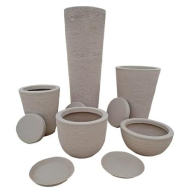 Imagem de Kit 5 Vasos Escovado Coluna Redonda N1 e N2 + Ibiza + Bojo N1 + Bacia Polietileno Para Plantas Decorativo Luxo Moderno(Bege)