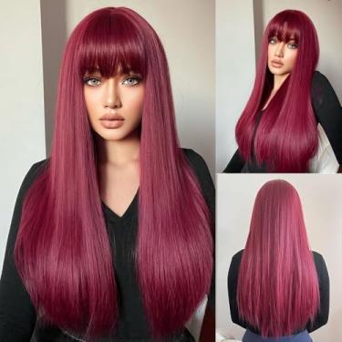 Imagem de Esmee Perucas longas e retas bordô para mulheres cabelo sintético natural peruca morena com franja para festa diária cosplay uso 66 centímetros