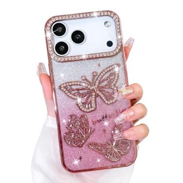 Imagem de Bonoma Capa com glitter para Pro, linda capa com estampa de borboleta 3D, proteção para câmera, capa traseira macia e brilhante para mulheres e meninas, rosa