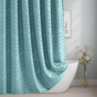 Imagem de Cortina de chuveiro de 213 cm extra longa azul-petróleo Boho Farmhouse Cortina de chuveiro 182 x 213,4 cm Cortinas de chuveiro minimalistas texturizadas chevron para banheiro