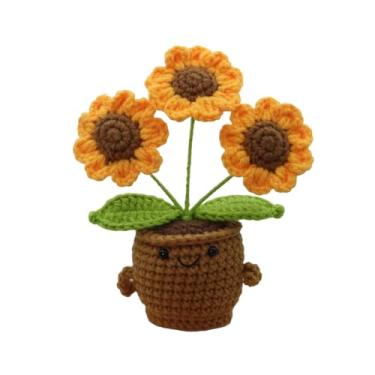 Imagem de Flores de crochê de tricô, girassóis artificiais, lindas plantas de flores feitas à mão para famílias, amigos, colegas, presente de aniversário, casa, carro, painel, quarto, escritório, acessórios