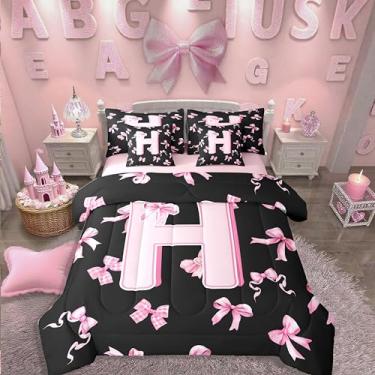 Imagem de Conjunto de cama casal com laço com inicial de 7 peças, lençol com laço rosa fofo em uma bolsa com letra H, moderno, moderno, moderno, conjunto de edredom com lençóis, feminino, coquete rosa e laço