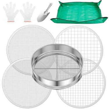 Imagem de KHZSPP Peneira de solo de jardim, peneira de solo de jardim, conjunto de peneiras empilháveis de aço inoxidável com 5 filtros de malha de peneiras intercambiáveis para filtragem de sujeira, areia e