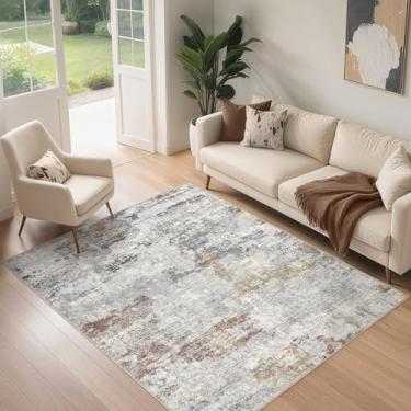 Imagem de DMOYEST Tapetes para sala de estar – 10 x 15 abstrato, grande, macio, macio, lavável, tapete neutro, moderno, baixo para quarto, sala de jantar, casa de fazenda, escritório em casa - cinza/laranja