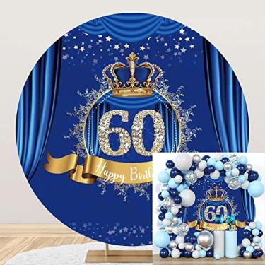 Imagem de OERJU Capa de fundo redonda de 60 anos de 2 x 2 m para homens, cortina azul royal, ouro, coroa, rei, círculo, fotografia, fundo, sessenta anos, decoração de festa de aniversário, banner, adereços de