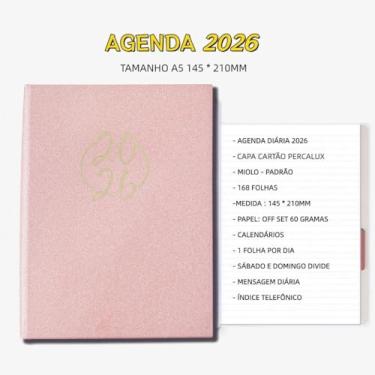 Imagem de Agenda 2026 A5 Capa Glitter Cartão Percalux Diária Executiva Planner 168 FLS Anotações (GLITTER RosaClaro)