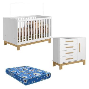 Imagem de Kit Berço Americano Q Encanto Slim 4315 e Cômoda Sapateira 4355 em MDP com Colchão Branco Acetinado