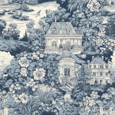 Imagem de VEELIKE Papel de parede Blue Toile Peel and Stick Farmhouse French Country Wallpaper para banheiro quarto parede com destaque 48 x 39 cm, autoadesivo removível, papel de parede chinoiserie azul papel