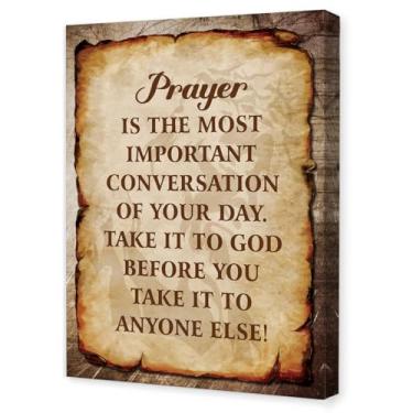Imagem de OTINGQD Decoração de parede de oração, a oração é a conversa mais importante do seu dia arte de parede em tela religiosa para igreja de escritório doméstico cristão 28 x 38 cm