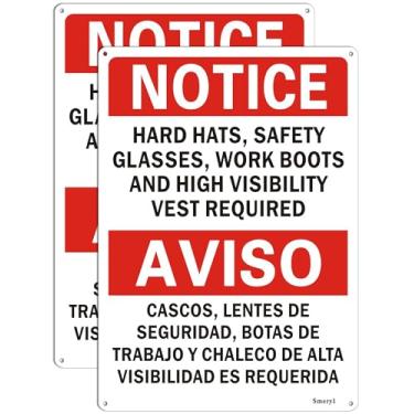 Imagem de Smeryl Aviso Capacetes de Segurança Botas de Trabalho e Colete de Alta Visibilidade Necessário Sinais Bilíngues, 35,5 cm x 25,4 cm Sinais Necessários de EPI, Placa de Segurança para Local de Trabalho