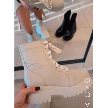 Imagem de Bota coturno tratorada off white e preta com cadarço - Dumond, Branco