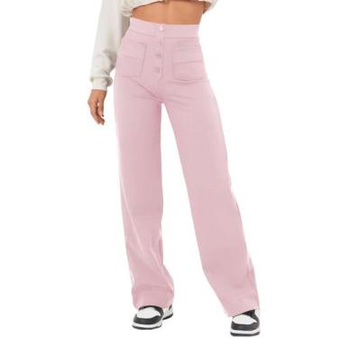 Imagem de Calças Flygo Flexipants de cintura alta, perna reta, rosa para mulhere