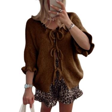 Imagem de Suéter feminino TIQOJE, manga 3/4, gravata frontal, marrom