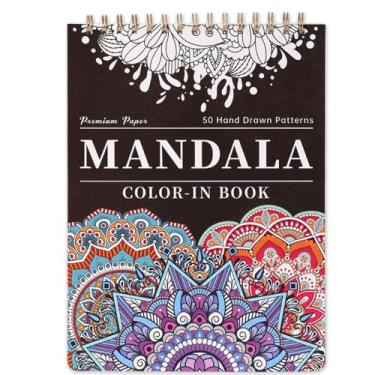 Imagem de Livro de colorir mandala para adultos – Livro de colorir encadernado em espiral, 50 padrões de mandalas desenhadas à mão para relaxamento e alívio do estresse, presentes de atenção plena