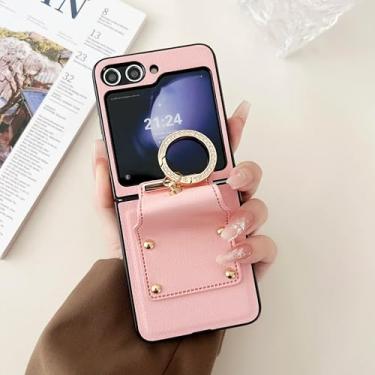 Imagem de Capa para Galaxy Z Flip5 com suporte de anel de couro sintético, dobrável, proteção com dobradiça, capa à prova de choque (para Galaxy Z Flip5/rosa)