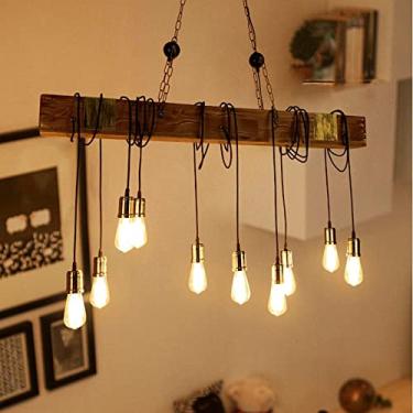 Imagem de Luminária pendente de corda de cânhamo industrial vintage com 10 cabeças e lustre de viga de madeira para decoração de ilha de cozinha