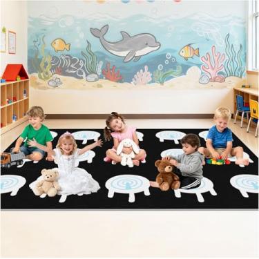 Imagem de Tapete grande para área educacional, tapete preto abstrato antiderrapante com padrão de anel de árvore, tapete felpudo lavável infantil para sala de jogos infantis, sala de estar, para 20 pessoas, 15
