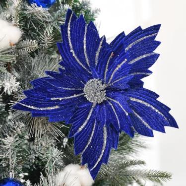 Imagem de WishTip 6 peças de flores artificiais de Natal de poinsétia com glitter grande de 30,5 cm com hastes, enfeites de guirlanda de árvore de Natal, Ano Novo, decoração de festa de casamento em casa (azul