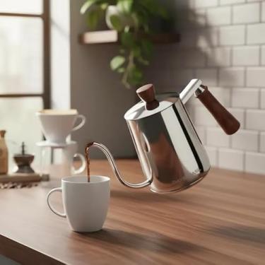 Imagem de DaysBrasil Chaleira Bico de Ganso em Aço Inox, 600ml, Alça e Pegador em Madeira, Compatível com Fogão a Gás, Elétrico e Indução