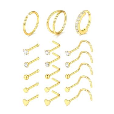 Imagem de Aumeo 18 peças, piercing de nariz, 20G, argolas e argolas de aço cirúrgico em forma de L, reto, parafuso para mulheres e homens (dourado)