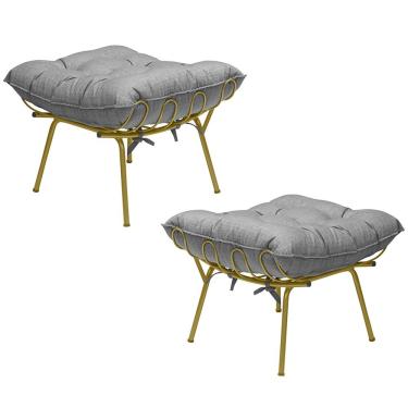 Imagem de Kit 2 Puff Decorativo Sala de Estar Abel Pés Dourado Linho Cinza Claro - Gran Belo