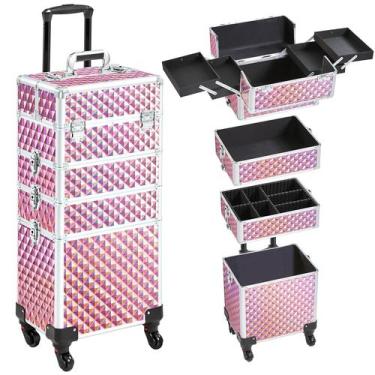 Imagem de Estojo de maquiagem Yaheetech 4 em 1 com rodas Glitter Pink