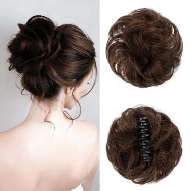 Imagem de VADES Aplique De Cabelo Bagunçado Com Presilha Garra Para Mulheres, Rabo Cavalo Humano Real, Extensão, Chignon Ondulado, Cacheado, Penteado Despenteado Castanho Escuro, Diário