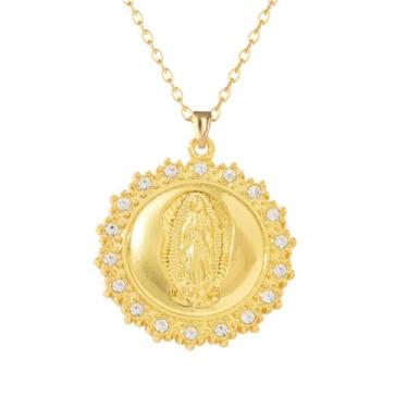 Imagem de Dreuyet Colar de Virgem Maria, presente católico para mulheres, banhado a ouro 18K, Virgem de Guadalupe, pingente de amuleto Mãe Maria Nekclace cristal de strass Nossa Senhora de Guadalupe joia