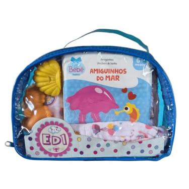 Imagem de Kit banho Divertido Bebe Toalha Macia Tecido Fralda Infantil Livro Bichinhos con furo Bolsa Multiuso Necessaire azul ED1 Brinquedos